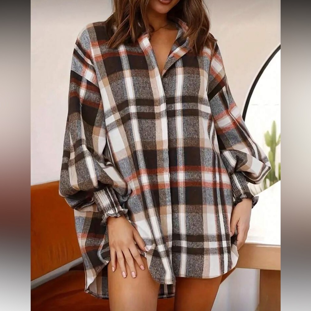 Plus Size Plaid Oversized Smocked Cuff Long Sleeve Button Down Up Shirt Top